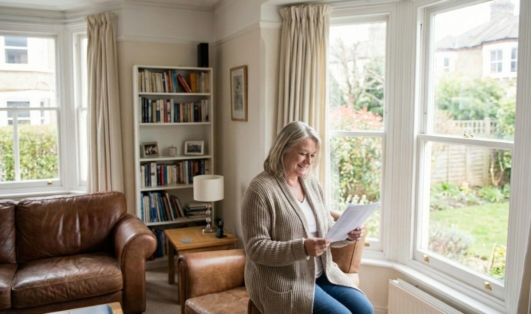 Homeowner standing by a bay window reading documents in a bright living room, representing planning and understanding the financial outcome of selling a house.