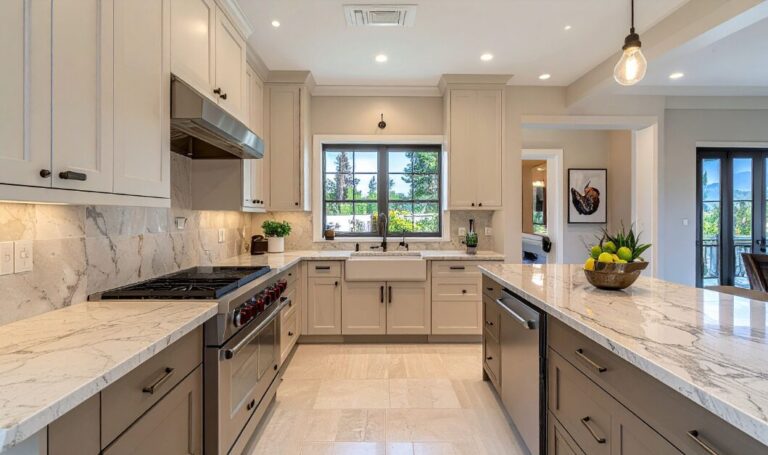 Modern, well presented kitchen with neutral cabinetry, stone worktops, and natural light, showing how simple upgrades can add value before selling a home.