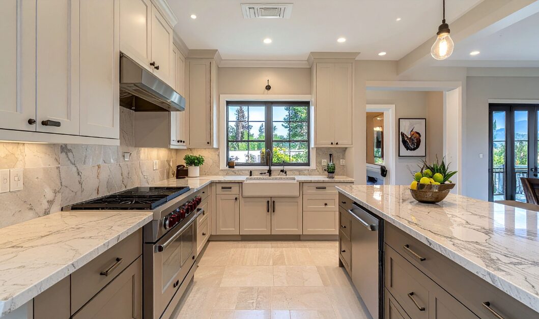 Modern, well presented kitchen with neutral cabinetry, stone worktops, and natural light, showing how simple upgrades can add value before selling a home.