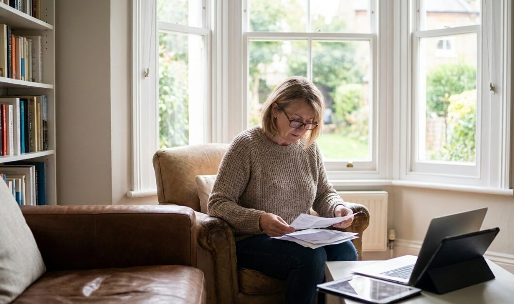 Homeowner reviewing property paperwork beside a laptop in a bright living room, preparing to sell their home.