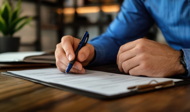 Landlord signing tenancy agreement at desk.