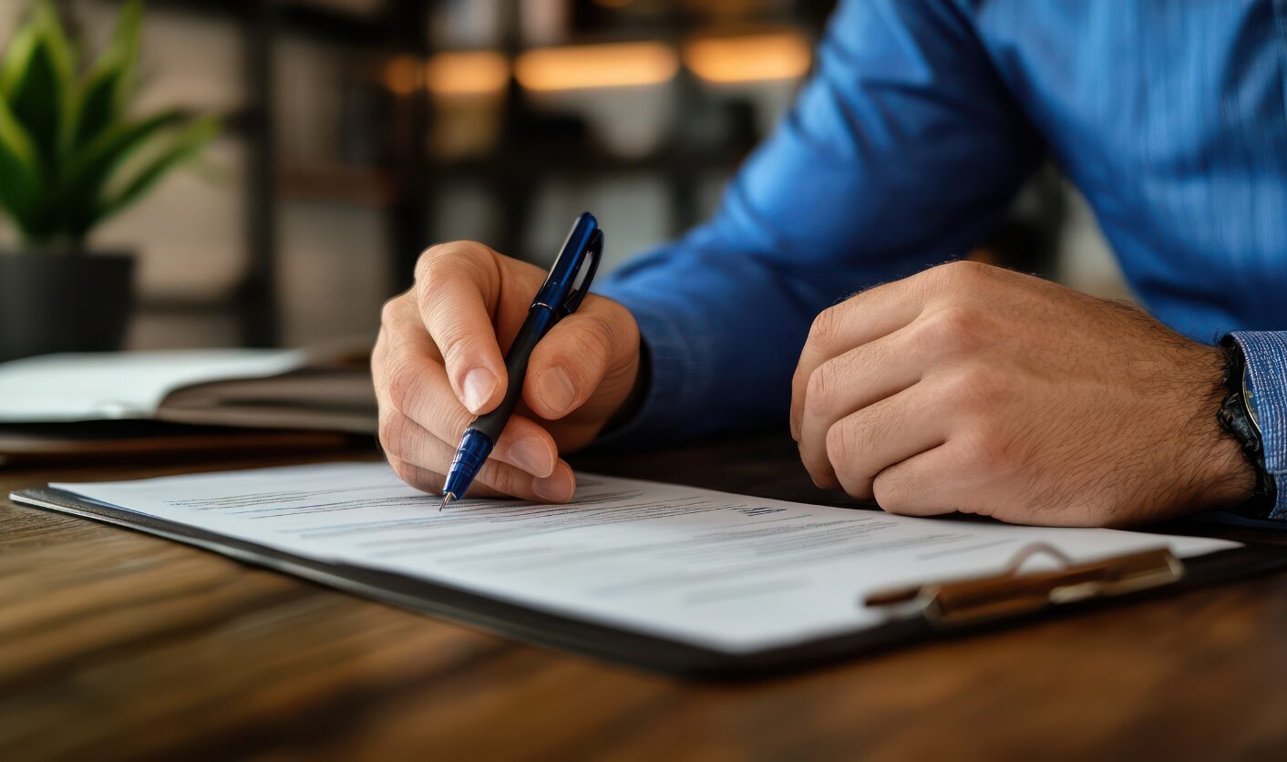 Landlord signing tenancy agreement at desk.